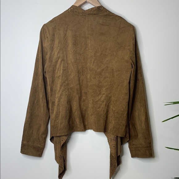 American Rag | Chestnut Brown Faux Suede Open Front Laser-cut Waterfall Top L - Picture 14 of 17